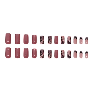 Square medium purple press-on nails with leaf art and shimmering glitter accents 24pcs