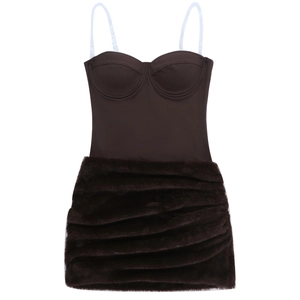 Detail of dark brown bodycon dress featuring faux fur skirt and ruched corset bodice