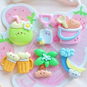 Set of 6 beach-themed summer resin charms including coconut drink, bucket, and palm tree