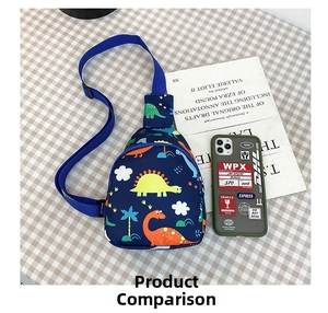Detail view of children dinosaur chest bag with colorful prints and zipper pockets
