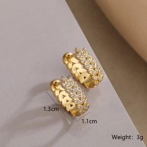 Detailed size view of gold wheat ear leaf hoop earrings with zircon, 1.3cm x 1.1cm