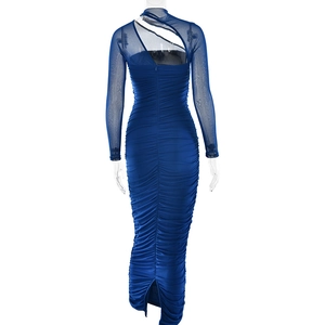 Detailed back view of a blue bodycon dress featuring sheer mesh sleeves and ruched texture