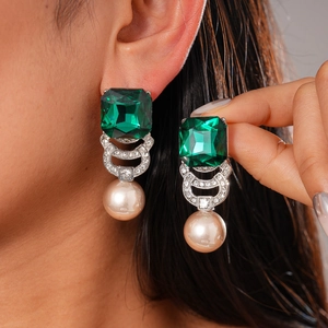 Drop Earrings Alloy Faux Artificial Pearl Synthetic Emerald Rhinestone With Silver Earring Post Retro Geometric For Women