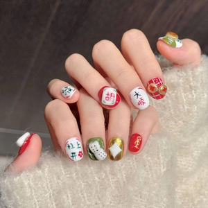 Handmade press-on nails with Chinese Mahjong elements and 3D dice relief art