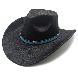 Retro black faux leather cowboy hat with snakeskin texture and blue decorative band