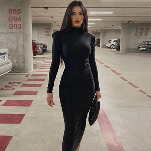 High Neck Long Sleeve Maxi Dress Solid Color Bodycon Slim Fit Polyester Spandex Elegant Long Dress For Women