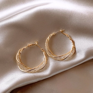 Luxurious gold-plated twisted hoop earrings with woven mesh texture on satin background