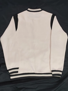 Back view of a heavy high-street baseball jacket with black raglan sleeves and striped ribbing
