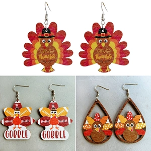 Thanksgiving Turkey Wooden Drop Earrings Printed Football Teardrop Holiday Jewelry For Women Girls