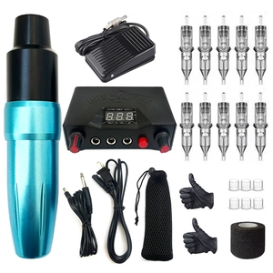 Detailed tattoo kit with blue rotary pen, digital power supply, foot pedal and accessories