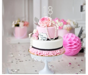 Close-up of silver rhinestone number 18 cake topper for an 18th birthday party decoration
