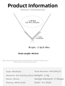 Detailed dimensions of the 925 sterling silver V-shape necklace with zirconia