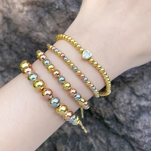 Fashion Tricolor Copper Bead Bracelet With Heart Zircon Charm Adjustable Polished Chain Elegant Jewelry For Women