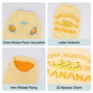 Yellow knitted dog sweater with Banana patterns and 3D banana decor for small dogs