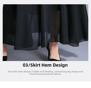 Detail of elegant black double-layered chiffon maxi dress hem with fluid drape