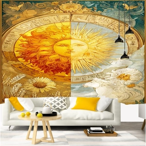 Detailed close-up of sun and moon tapestry with astrological symbols and horse motif