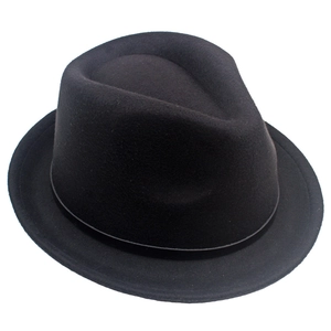 Detailed view of black wool felt jazz hat showing high-quality texture and indented crown
