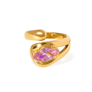 18K gold plated stainless steel ring with pink oval cubic zirconia in four-claw setting
