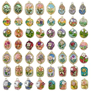 French Retro Flower Pendants Zinc Alloy Enamel Drip Oil Charms With Artificial Baroque Pearl For DIY Jewelry Making Accessories