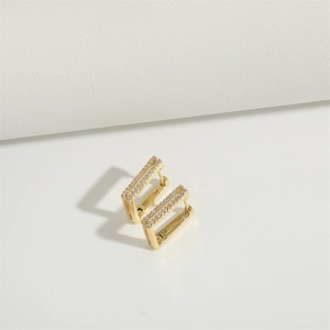 Rectangular gold-plated hoop earrings with double-row cubic zirconia pave in minimalist style