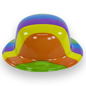 Close-up of a glossy rainbow striped PVC party hat for carnivals and festive celebrations