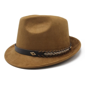 Classic brown faux suede fedora hat with black braided leather band and metal buckle