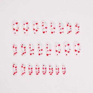 French style coffin fake nails with red heart and cherry patterns on light pink base