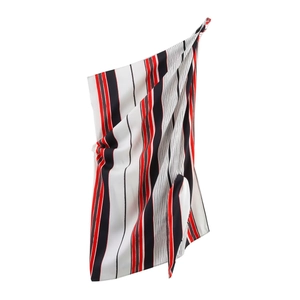 Women's asymmetrical striped top and skirt set in vibrant red, black and white silk fabric