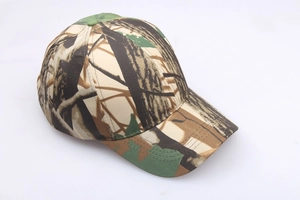 Close-up of camouflage baseball cap featuring tactical forest leaf patterns and textures