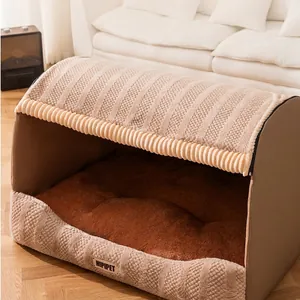 Semi-enclosed beige plush pet bed for cats and small dogs in a cozy living room scene