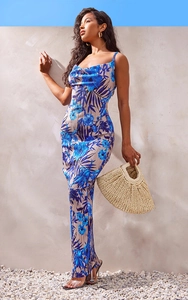 Detailed cowl neck of a floral pleated maxi dress with elegant blue tropical leaf prints