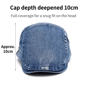 Blue denim flat cap beret with 10cm depth and double stitching on white background