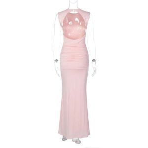 Detail view of pink backless maxi dress with elegant ruched texture and round cutout