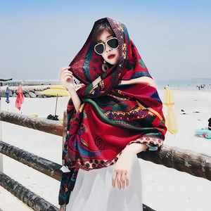 Bohemian large red paisley beach shawl and sunscreen scarf for seaside vacations