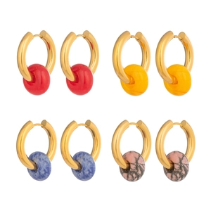 Vintage stainless steel gold hoop earrings with multi-colored marble stone pendants