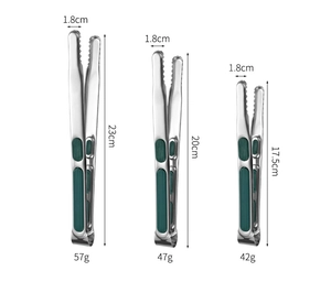 Three sizes of stainless steel food tongs with green non-slip handles and dimensions