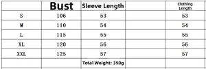 Detailed size chart for women's wool coat including bust, sleeve and body length