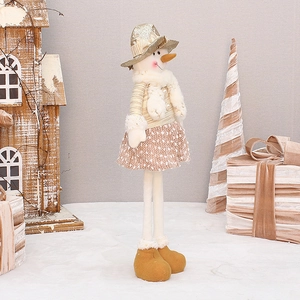 Standing telescopic Christmas snowman doll with gold sequins and plaid skirt decor