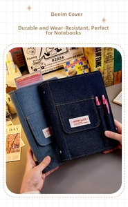 Detail of A5 denim binder journal with functional pockets and side pen holders