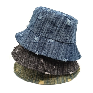 Distressed Denim Bucket Hat Cotton Ripped Vintage Streetwear Sun Protection Outdoor For Men Women Unisex