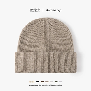 Women Wool Blend Knitted Beanie Hat Ribbed Warm Winter Daily Solid Color Fold Over Cuff Minimalist Commute