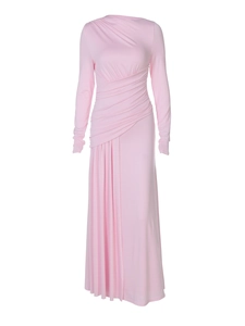 Elegante abito lungo rosa a maniche lunghe con pieghe, vestibilità slim e gonna ampia