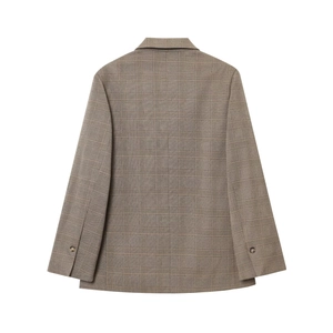 Vue de dos d'un blazer marron à carreaux en tissu de qualité supérieure avec coupe ajustée