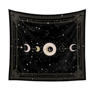 Mystical black and gold sun and moon tapestry with zodiac symbols for room decor