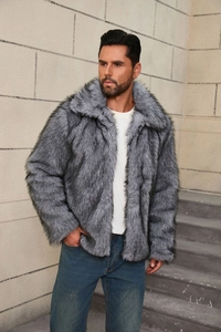 Detail of faux fur coat lapel and silver fox texture on men's winter outerwear