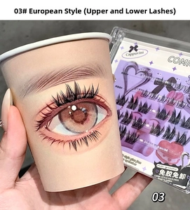 Macro detail of Cappuvini self-adhesive cluster lashes on a stylized hand-drawn eye model