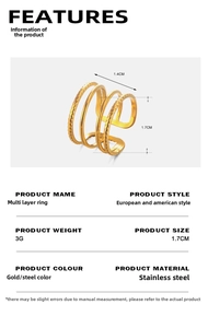 Detail of multi-layer gold stainless steel ring with smooth and spiral texture bands