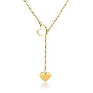 Gold titanium steel Y-shaped necklace with heart pendant and toggle on white background