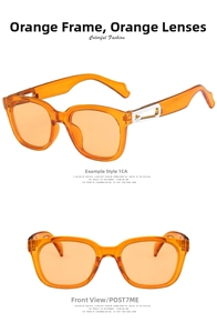 Detailed front and side views of orange transparent square sunglasses with silver accents