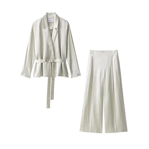 Blazer In Raso Elegante E Pantaloni A Gamba Larga Da Donna Tinta Unita Vita Annodata Maniche Lunghe Casual Ufficio
